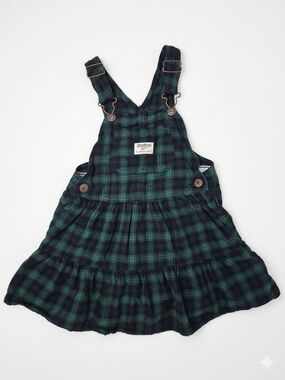 OshKosh B'gosh 4T Green Navy Plaid Pinafore Overall Flannel Dress
